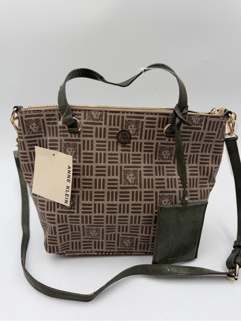 Anne Klein Olive and Brown Geometric Tote with Crossbody Strap